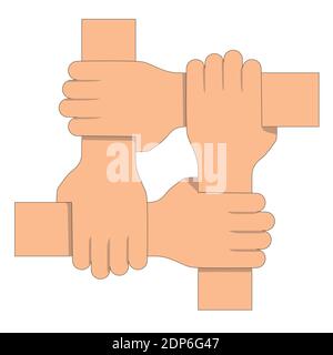 Vier verbundene Hände. Synergiekonzept. Vektorgrafik. Stock Vektor