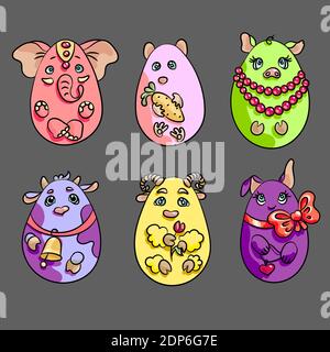 Set mit 6 Tieren in Form von Eiern. Diese niedlichen Tiere sind ein Elefant, ein Hamster, ein Schwein, eine Kuh, ein Lamm und ein Kaninchen. Stock Vektor