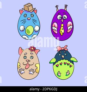 Set mit 4 niedlichen Tieren in Form von Eatser-Eiern. Es gibt eine Katze mit einer Schachtel, eine Eule mit einer Krawatte, einen Hund mit einer Blume und einen Pinguin mit einer Schleife. Die im Stock Vektor