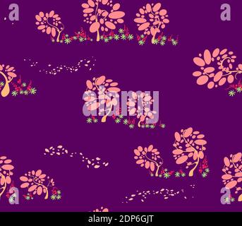 Nahtlose Muster mit Bäumen von Blasen und Fliegen mit dem Flügelblätter und leuchtend rote Lupinen in rosa und lila Farben Stock Vektor