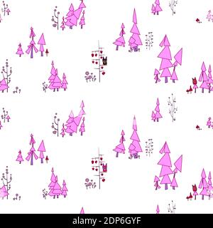 Nahtloses Muster. Feenwald mit Eulen und Monstern. Auf der Abbildung gibt es Kiefern, verzweigte Bäume mit Kreisen und Anhänger aus hören Stock Vektor