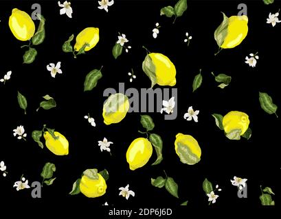 Nahtloses hochwertiges Muster mit Zitronenfrüchten und Zitrusblüten in Vektorzeichnung. Es gibt Früchte, Blätter mit Ästen und Blumen. Helle Farben Stock Vektor