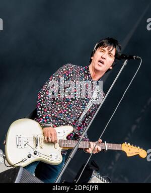 London, England, 25.05.2019. Der britische Sänger und Gitarrist Johnny Marr tritt live beim All Points East Musikfestival im Victoria Park auf. Stockfoto