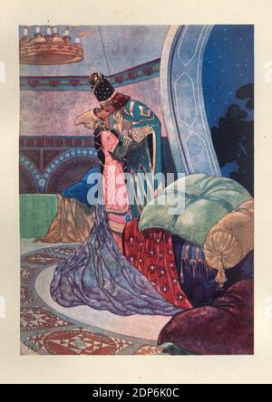 Szene aus dem Ballett Thamar (Tamara) von Mily Balakirev. Orientalismus, Junge Liebhaber küssen leidenschaftlich, Romantik Stockfoto