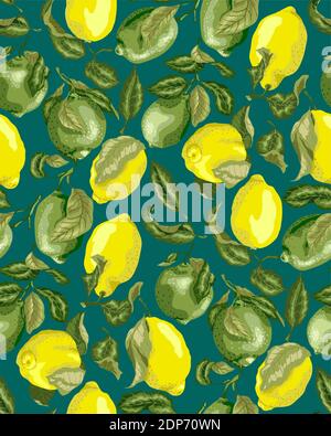 Nahtloses Muster mit saftigen Zitruslimen und Zitronen hellgrünen Hintergrund. Es gibt Früchte auf den Zweigen Stock Vektor