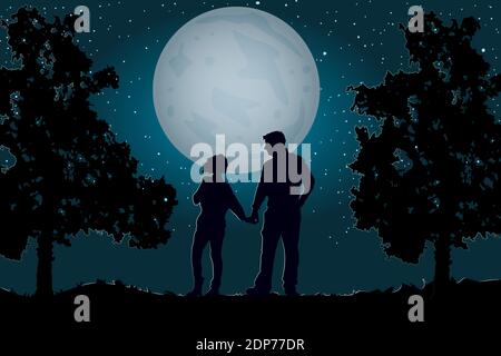 Paar, das zusammen die Hände unter dem Mondlicht hält. Valentinstag.Happy Lovers.romantische Silhouette der liebevollen Paar in Valentines Night.Vector Stock Vektor