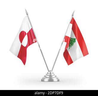 Tischflaggen aus Libanon und Grönland isoliert auf weißem 3D-Rendering Stockfoto