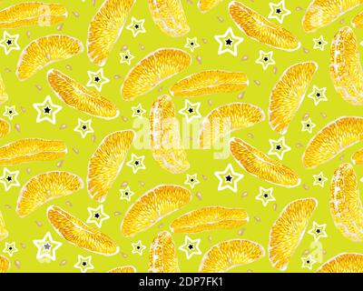 Nahtloses Muster mit Zitrusfrüchten Orangenbaum Fruchtscheiben, Samen und grünen Sternen mit schwarzer Mitte. Das Muster ist in Vektor-Grafik realistischen Stil gemacht Stock Vektor