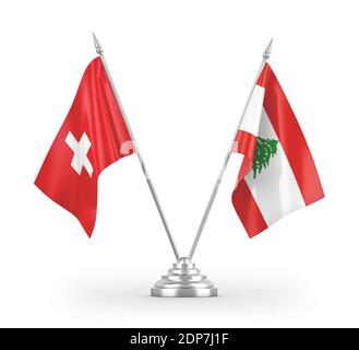 Libanon und Schweiz Tischflaggen isoliert auf weißem 3D-Rendering Stockfoto