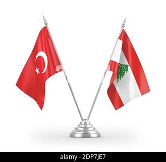 Libanon und Türkei Tischflaggen isoliert auf weißem 3D-Rendering Stockfoto