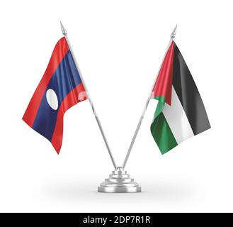 Jordan und Laos Tischflags isoliert auf weißem 3D-Rendering. Stockfoto