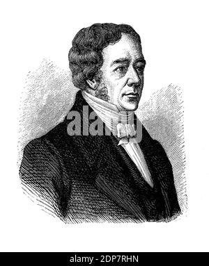 Gravurportrait von Hans Christian Oersted (1777-1851) Physiker und Chemiker des dänischen Goldenen Zeitalters, entdeckte die Verbindung zwischen Elektrizität und Magnetismus (Oersteds Gesetz) Stockfoto