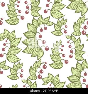 Vektor nahtloses Muster mit Lilienblüten Pflanzen in grünen und roten Farben. Es gibt Kräuterpflanzen mit roten Beeren im Muster Stock Vektor