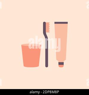 Zahnreinigungsgegenstände: Ein Glas, eine Zahnbürste und eine Zahnpasta Stock Vektor