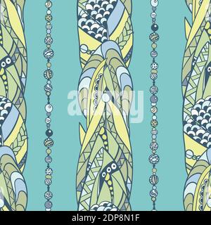 Nahtlose Federn und Perlen vertikale Muster in abstrakten Ornament-Stil In blauen Farben in Vektorgrafik Illustration Stock Vektor