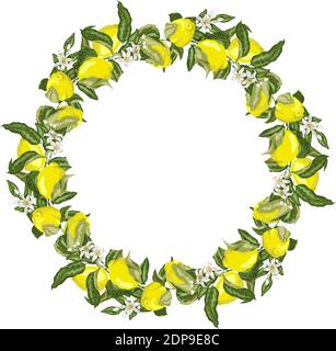 Vektor-Illustration Vorlage Kranz mit Zitrone Zitrusfrucht Baum Zweig Mit Blumen und Blättern in leuchtenden Farben Stock Vektor