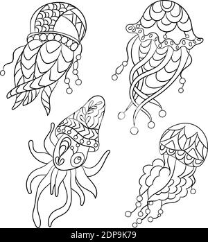 Malvorlagen in Vektorgrafik Illustration für Kinder und Erwachsene mit Meerestieren wie Quallen, Plankton und andere Stock Vektor