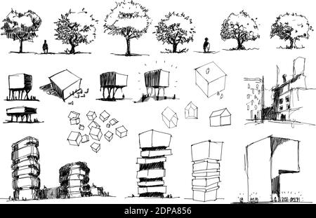 Viele handgezeichnete architektonische Skizzen einer modernen abstrakten Architektur Und Einfamilienhäuser und urbane Ideen und Bäume Stock Vektor