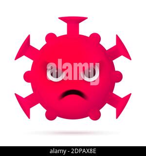 Red Angry Virus Emoticon. Coronavirus Emoji Zeichen Symbol. COVID-19 Pandemic 3D-Symbol. Moderne Flache Vektorgrafik. Eps 10 Stock Vektor