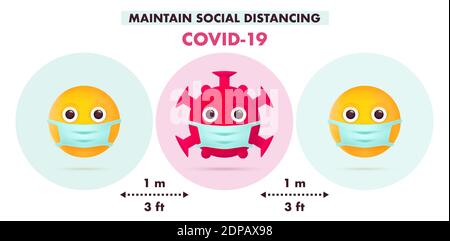 Soziale Distanzierung in der öffentlichen Gesellschaft aufrechterhalten. COVID-19 Infografik-Design. Quarantänekonzept. Coronavirus Emoji Zeichen-Symbol mit medizinischer Maske. M Stock Vektor