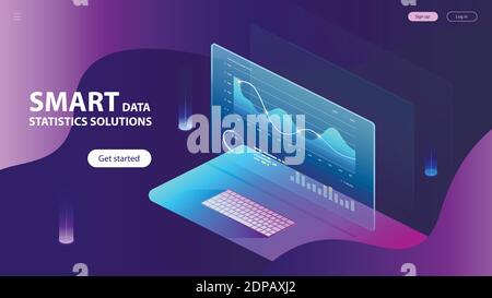 Isometrisches Konzept von Smart Data Statistics Solutions. Vorlage Für Das Konzept Der Landing Page. Diagramme und Statistiken analysieren. Vektor EPS 10 Stock Vektor