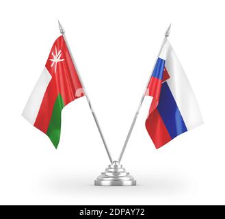 Slowakei und Oman Tischflags isoliert auf weißem 3D-Rendering Stockfoto