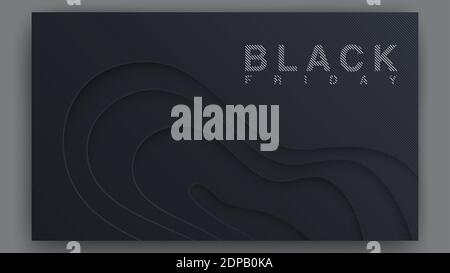 Black Friday Poster Concept Sales. Schwarze Moderne Abdeckungen Template Design. 3D-Hintergrund mit Wellenmuster und Streifenmuster. Papier geschnitten Formen für Präsentation, Zeitschriften, Stock Vektor