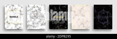 Satz von Marble Texture Postern. Luxus Deckt Template Design. Minimal White, Dark, Pink marmoreal Hintergründe mit Golden Line für Story Layout, Geschäfte Stock Vektor