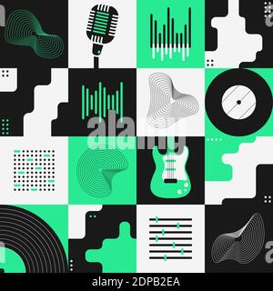 Abstrakte Kunstkomposition mit verschiedenen geometrischen Formen, Objekten und Musikinstrumenten. Posterdesign. Musikkonzept. Grafikdesign für den Hintergrund Stock Vektor