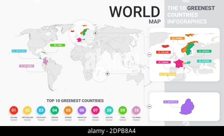 Weltkarte Illustration mit farbigen Ländern. Die 10 Grünsten Länder Infografiken. Farbenfrohe Moderne Geschäftsstatistik-Vorlage. Flache Vektordarstellung Stock Vektor
