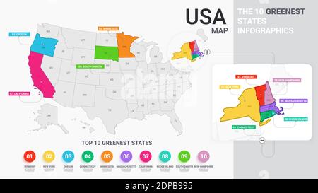 USA Karte Illustration mit farbigen Zuständen. Die 10 Grünsten Staaten Infografiken. Farbenfrohe moderne Karte der Vereinigten Staaten von Amerika. Global Business St Stock Vektor