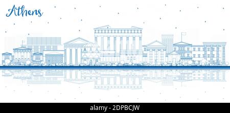 Skizzieren Sie die Skyline der griechischen Stadt Athen mit blauen Gebäuden und Reflexionen. Vektorgrafik. Business Travel und Tourismus Konzept Stock Vektor