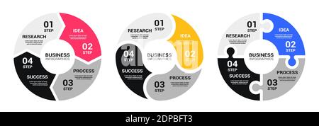 Grafische Infografik-Vorlage mit vier Schritten zum Erfolg. Geschäftskreis-Vorlage mit Optionen für Broschüre, Diagramm, Workflow, Timelin Stock Vektor