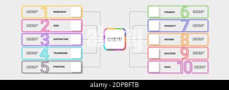 Moderne Neon Thin Line Infografik Vorlage zehn Schritte zum Erfolg. Geschäftsprozessdiagramm mit Optionen für Broschüre, Diagramm, Workflow, Zeitleiste, Nummer Stock Vektor