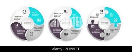 Moderne 3D-Infografik-Vorlage mit vier Schritten zum Erfolg. Geschäftskreisvorlage mit Optionen für Broschüre, Diagramm, Workflow und Timel Stock Vektor