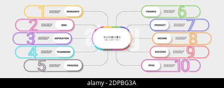 Moderne Neon Thin Line Infografik Vorlage zehn Schritte zum Erfolg. Geschäftsprozessdiagramm mit Optionen für Broschüre, Diagramm, Workflow, Zeitleiste, Nummer Stock Vektor