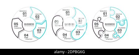 Thin Line Flat Round Chart Infografik-Vorlage mit fünf Schritten zum Erfolg. Geschäftskreisvorlage mit Optionen für Broschüre, Diagramm, Workflow, Stock Vektor