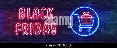 Black Friday Sale Neon Bunte Banner. Handgeschriebenes Neonalphabet auf einem dunklen Ziegelsteinwandhintergrund. Supermarkt Korb Geschenkbox Symbol. Farbenfroh und hell Stock Vektor