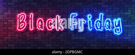 Black Friday Sale Neon Bunte Banner. Handgeschriebenes Neonalphabet auf einem dunklen Ziegelsteinwandhintergrund. Bunte hell gezeichnete Schrift für Night Bright adv Stock Vektor