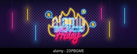 Black Friday Sale Neon Bunte Banner. Moderne Kalligraphische Text Neon Zeichen. Trendiges Design Rabatt Verkauf Konzept Vorlage. Elemente für Nacht hell A Stock Vektor