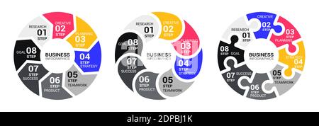 Grafische Infografik-Vorlage mit acht Schritten zum Erfolg. Geschäftskreis-Vorlage mit Optionen für Broschüre, Diagramm, Workflow, Zeitplanung Stock Vektor