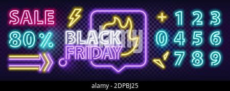 Black Friday Sale Neon Bunte Banner. Moderne Text Neonzeichen. Trendiges Design Rabatt Verkauf Konzept Vorlage. Elemente für Nacht helle Werbung. V Stock Vektor