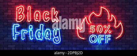Black Friday Sale Neon Bunte Banner. Feuriges Leuchtröhren-Neonsymbol. Trendiges Design Rabatt Verkauf Konzept Vorlage. Elemente für Nacht Helle Adver Stock Vektor