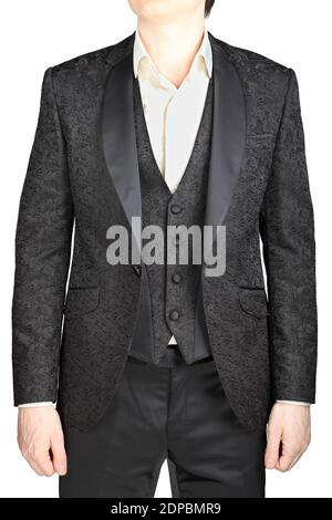 Mannliche Hochzeit Anzug Grau Muster Knopfte Sakko Weste Weisses Hemd Ohne Krawatte Isoliert Auf Weiss Stockfotografie Alamy