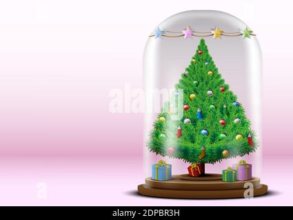Abbildung von weihnachtsbaum in einem Glas. Verziert mit farbigen Kugeln, Socken, Sternkette auf einem Glas und einer Geschenkbox. Auf dem rosa Ton Hintergrund Stock Vektor