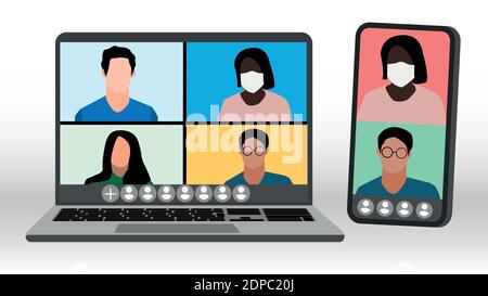 Online-Meeting über eine Videokonferenz. Laptop und Mobiltelefon. Vektorgrafik. Stock Vektor