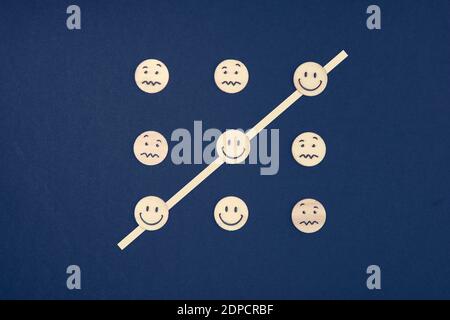 Tick Tack Toe mit Emoticons aus Holzkreisen. Positivität gewinnt immer Konzept. Stockfoto