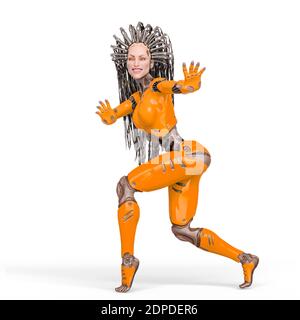 Super Cyborg lächelt und geht auf Zehenspitzen, 3d-Illustration Stockfoto