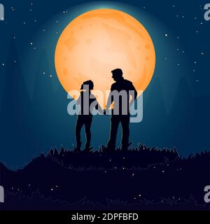 Silhouette Paar Mann und Frau halten Hand zusammen auf Hügel unter Mondlicht. Valentinstag. Glückliche Liebhaber. Liebespaar in der Nachtszene. Stock-Vektor Stock Vektor