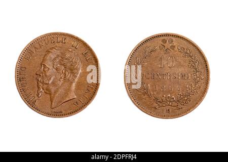 Victor Emmanuel II. Erster König von Italien Italia Bronze 1866 10 Centesimi alte alte Jahrgangsmünzen Münzen Geld Stockfoto